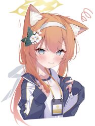 1girl animal_ear_fluff animal_ears black_jacket blue_archive blue_eyes blush cat_ears closed_mouth eip_(pepai) flower gym_shirt gym_uniform hair_flower hair_ornament hairband halo jacket long_hair looking_at_viewer mari_(blue_archive) mari_(track)_(blue_archive) multicolored_clothes multicolored_jacket official_alternate_costume orange_hair shirt simple_background sleeves_past_wrists solo squiggle sweat track_jacket two-tone_jacket upper_body wavy_mouth white_background white_flower white_hairband white_shirt yellow_halo 