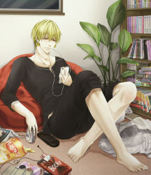  1boy barefoot blonde_hair casual digital_media_player earbuds earphones earrings fate/zero fate_(series) gilgamesh_(fate) handheld_game_console happitan jewelry kosho male_focus plant playstation_portable pocky potted_plant red_eyes solo 
