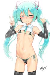  1girl absurdres armpits bare_shoulders bikini black_bikini blue_eyes blue_hair blush cameltoe cleft_of_venus commentary_request cowboy_shot cropped_shirt detached_sleeves female_focus flat_chest gluteal_fold hair_between_eyes hair_ornament half-closed_eyes hatsune_miku highres imazon loli long_hair long_sleeves looking_at_viewer micro_bikini navel necktie shiny_skin side-tie_bikini_bottom signature simple_background smile solo standing stomach string_bikini swimsuit thighhighs twintails v vocaloid white_background 