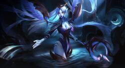  1girl alternate_eye_color bcopy between_breasts breasts cleavage colored_skin crescent dawnbringer_soraka detached_wings grey_skin halo highres holding holding_staff league_of_legends long_hair looking_at_viewer navel pointy_ears solo soraka_(league_of_legends) staff standing wading wings 