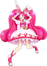  1girl ;d animal_ears arms_up cure_whip dress earrings fake_animal_ears floating_hair gloves hair_between_eyes hairband jewelry kirakira_precure_a_la_mode leotard long_hair looking_at_viewer one_eye_closed open_mouth pink_hair pink_neckwear playboy_bunny precure rabbit_ears red_eyes red_hairband rick.black short_dress short_sleeves simple_background smile solo twintails usami_ichika very_long_hair w white_background white_dress white_gloves 
