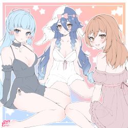  3girls absurdres alternate_costume ayaka_(genshin_impact) black_nightgown black_sleeves blue_background blue_hair blunt_bangs blunt_tresses border breasts choker cleavage collarbone detached_sleeves dodosako drill_hair drill_sidelocks frilled_choker frills genshin_impact hair_down hair_ribbon hands_on_ground highres large_breasts layla_(genshin_impact) light_blue_hair long_bangs long_hair looking_at_viewer multiple_girls nightgown off_shoulder open_mouth orange_background orange_eyes orange_hair outline outside_border red_nightgown ribbon sidelocks signature sitting star_(symbol) tassel_choker tress_ribbon wariza white_border white_nightgown white_outline white_veil yoimiya_(genshin_impact) 