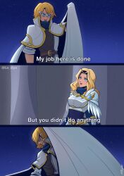  1boy 1girl absurdres armor blonde_hair blue_eyes cape d: english_text eye_mask ezreal green_eyes highres league_of_legends long_hair lux_(league_of_legends) meme night open_mouth outdoors short_hair short_sleeves shoulder_plates slye_(le_slye) subtitled upper_body white_cape 