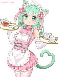  1girl absurdres animal_ear_fluff animal_ears apron blush braid cat_ears cat_girl cat_tail closed_mouth cup elbow_gloves floral_print flower frilled_apron frills gloves green_eyes green_hair hair_flower hair_ornament hairclip hazakura_hinata highres holding holding_tray japanese_clothes kimono looking_at_viewer maid maid_headdress obi original pink_flower pink_kimono ribbon_trim sash simple_background sleeveless sleeveless_kimono smile solo tail teacup teapot thighhighs tray variant_set white_apron white_background white_thighhighs 