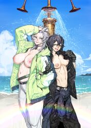  2girls :d beach belt black_gloves black_hair blue_sky blush bobobo breasts cleavage clothed_bath clothes_around_waist cloud collar commission gloves green_eyes grey_hair highres inverted_nipples jacket locked_arms long_hair multiple_girls navel nipples open_clothes open_jacket open_mouth original outdoors showering skeb_commission sky smile v yellow_eyes 
