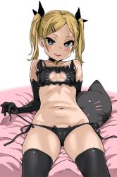      1girl asanagi bare_shoulders bed bell neck_bell neck_bell black_gloves black_legwear blonde_hair blush cat_cutout cat_ear_panties cat_keyhole_bra cat_lingerie choker cleavage_cutout collar collarbone elbow_gloves fang fang_out flat_chest frills gloves hair_ornament hairclip highres long_hair looking_at_viewer lying mole mole_under_eye navel panties shirobako side-tie_panties simple_background stuffed_animal stuffed_toy symbol-shaped_pupils thighhighs twintails underwear white_background yano_erika  rating:Sensitive score:58 user:danbooru