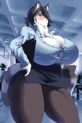 1girl black_hair breasts cat furry furry_female green_eyes highres huge_breasts long_hair office_lady opqhlak solo rating:Sensitive score:23 user:KemonoLover96