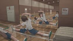  1other 3girls arm_up body_horror braid brown_eyes brown_hair exercising gym gym_shirt gym_shorts gym_uniform highres indoors kneehighs mat mirror multiple_girls original outstretched_arm reflection reflective_floor shirt shoes shorts sliced socks spread_legs stretching surreal tensen_(dotted_line) translation_request twin_braids uwabaki white_shirt white_socks wide_sleeves wide_spread_legs yoga  rating:General score:8 user:danbooru
