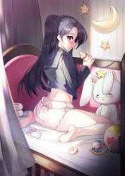 1girl adult_baby ass baby_bottle bad_id bad_pixiv_id barefoot bed black_hair black_shirt blush bottle diaper feet from_behind highres legs loli long_hair looking_back no_pants original pacifier picter pink_eyes ponytail school_uniform serafuku shirt sitting smile soles solo stuffed_animal stuffed_toy thighs toes very_long_hair rating:Questionable score:197 user:danbooru