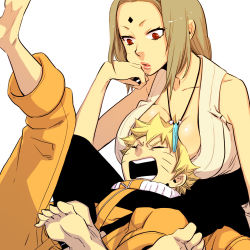  1boy 1girl barefoot between_breasts blonde_hair breast_pillow breasts cleavage closed_eyes facial_mark feet forehead_mark head_between_breasts head_rest hoshino_lily jewelry large_breasts leg_up lips lipstick looking_down makeup naruto naruto_(series) necklace open_mouth pendant red_eyes simple_background soles spiked_hair toes tsunade_(naruto) turtleneck uzumaki_naruto whisker_markings  rating:Sensitive score:79 user:danbooru
