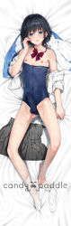  1boy black_hair blue_eyes blue_one-piece_swimsuit bow bulge clothes_pull unworn_clothes collarbone crossdressing dakimakura_(medium) erection erection_under_clothes grey_skirt highres looking_at_viewer lying nemunemu_(candy_paddle) nipples on_back one-piece_swimsuit one-piece_swimsuit_pull open_clothes open_mouth open_shirt original precum red_bow shirt short_hair skirt unworn_skirt socks solo sweat swimsuit trap white_shirt white_socks 