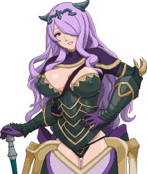  1girl armor axe bikini_armor breasts cameltoe camilla_(fire_emblem) cleavage covered_erect_nipples fire_emblem fire_emblem_fates gloves hair_ornament hair_over_one_eye hand_on_own_hip impossible_clothes large_breasts lips long_hair lowres matching_hair/eyes nintendo open_mouth pixel_art purple_eyes purple_hair solo standing thong tiara transparent_background warner weapon white_background  rating:Questionable score:33 user:Fab8304