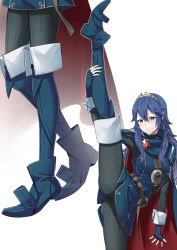  1girl ameno_(a_meno0) belt blue_eyes blue_hair boots breasts cape fingerless_gloves fire_emblem fire_emblem_awakening gloves hair_between_eyes leg_grab long_sleeves looking_at_viewer lucina_(fire_emblem) multiple_views nintendo pantyhose small_breasts split standing standing_on_one_leg standing_split sweater symbol-shaped_pupils thigh_boots tiara white_background wrist_cuffs 