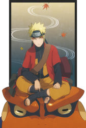  1boy amphibian_eyes animal blonde_hair facial_mark forehead_protector fusion-s gamakichi giant_toad headband indian_style leaf male_focus naruto_(series) naruto_shippuuden oversized_animal sandals scroll sennin_mode sitting solo spiked_hair toad_(animal) toes uzumaki_naruto uzumaki_naruto_(sennin_mode) whisker_markings yellow_eyes 