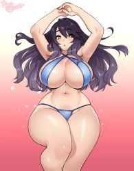 1girl agawa_ryou armpits bikini black_hair blue_bikini breasts brown_eyes cleavage commentary curvy english_commentary gradient_background huge_breasts long_hair looking_at_viewer navel original parted_lips red_background signature skindentation solo swimsuit thick_thighs thighs wide_hips rating:Questionable score:68 user:danbooru