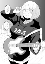  1girl :d absurdres claw_pose fang glasses greyscale guitar hadashi_no_kenji hand_up highres holding holding_guitar holding_instrument hood hood_down hoodie instrument long_sleeves looking_at_viewer medium_hair monochrome open_mouth original outdoors sanpaku smile solo speech_bubble standing thighhighs 