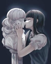  2girls black_hair black_lips black_nails blunt_bangs bust_(sculpture) curly_hair fear_&amp;_hunger fear_&amp;_hunger_2:_termina half-closed_eyes highres hime_cut imminent_kiss lilio long_hair marina_(fear_&amp;_hunger) multiple_girls neck_ribbon parted_lips ribbon samarie_(fear_&amp;_hunger) short_sleeves sidelocks statue straight_hair upper_body  rating:General score:15 user:danbooru