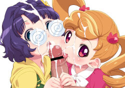  1boy 2girls anyamal_tantei_kirumin_zoo bar_censor bespectacled black_hair blush bow braid cat_hair_ornament censored cheek-to-cheek cheek_press coke-bottle_glasses cooperative_fellatio crown_braid cum cum_bubble cum_in_mouth cum_on_eyewear cum_on_hair cum_on_penis cum_on_tongue cum_string curly_hair dress drill_hair erection facial fellatio ffm_threesome glasses green_eyes group_sex hair_ornament heads_together heart heart-shaped_pupils hetero holding_hands hood hoodie licking licking_penis light_brown_hair loli looking_at_viewer mikogami_riko mikogami_rimu multicolored_clothes multiple_girls nail_polish open_mouth oral orange_hair out_of_frame overalls penis penis_on_face pink_dress pink_nails pointless_censoring pov pov_crotch purple_eyes ribbon rimless_eyewear round_eyewear saliva saliva_trail senzoc short_hair simple_background smile suspenders symbol-shaped_pupils teamwork threesome tongue tongue_out twin_drills twintails upper_body wavy_hair white_background yellow_hoodie 