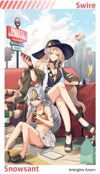  2girls animal_ears arknights artistic_error bikini black_hair black_headwear bottle breasts cat_ears cat_girl cat_tail cellphone champagne_flute character_name cleavage closed_mouth colored_tips commentary couch crocs crossed_legs cup drill_hair drill_sidelocks drinking_glass ears_through_headwear flower glass_bottle green_eyes green_nails hair_flower hair_ornament hat high_heels highres holding holding_bottle holding_cup holding_phone jewelry knees_up legs long_hair looking_at_viewer medium_breasts multicolored_hair multiple_girls nail_polish navel official_alternate_costume on_couch orange_bikini orange_eyes peppsi_(saba_sabasuk0) phone ring sandals sidelocks sitting small_breasts smartphone snowsant_(arknights) soda_bottle swimsuit swire_(arknights) swire_the_elegant_wit_(arknights) tail toenail_polish toenails toes white_hair wrong_foot 