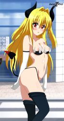  1girl absurdres ass bare_shoulders blonde_hair blush breasts gloves highres horns indexryo konjiki_no_yami long_hair panties red_eyes small_breasts tail to_love-ru underwear  rating:Questionable score:41 user:Ultimate52