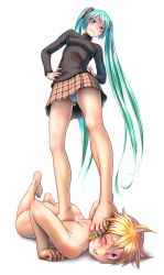1boy 1girl ass barefoot blonde_hair blue_eyes blush breasts butt_crack clothed_female_nude_male feet femdom foot_on_head full_body gluteal_fold green_hair hatsune_miku hetero highres kagamine_len long_hair lying md5_mismatch medium_breasts nail_polish naughty_face no_shoes no_socks nude open_mouth panties ribbed_sweater simple_background stomping striped_clothes striped_panties sweater toenail_polish toenails toes trample turtleneck twintails underwear very_long_hair vocaloid white_background wokada rating:Questionable score:386 user:danbooru