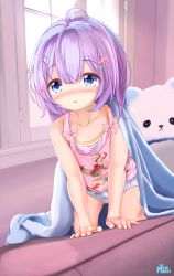  1girl ahoge bed bed_sheet bedroom blue_eyes blush commentary_request eyebrows female_focus gluteal_fold hair_ornament hairclip highres indoors loli long_hair looking_at_viewer no_pants original panties pink_tank_top print_tank_top purple_hair solo stuffed_animal stuffed_toy tank_top teddy_bear thighs under_covers underwear white_panties yuzu_project  rating:Questionable score:35 user:danbooru