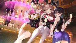  3girls alcohol animal_ears bar_(place) black_hair blonde_hair blue_eyes blue_hair blue_skirt blurry blush bottle bow bowtie braid breasts brown_hair bunny_garden buttons cleavage counter cup depth_of_field double-breasted drinking_glass fake_animal_ears fake_tail flower gradient_hair green_eyes hair_flower hair_ornament hair_over_shoulder head_tilt highres huge_breasts indoors kana large_breasts leotard long_hair looking_at_viewer miniskirt miuka(bunny_garden) multicolored_hair multiple_girls official_art on_counter one_eye_closed open_mouth pencil_skirt photoshop_(medium) pink_eyes pink_hair playboy_bunny pleated_skirt rabbit_ears rabbit_tail red_bow red_bowtie red_skirt rin_(bunny_garden) short_hair side_ponytail sitting skirt standing tail thighhighs twin_braids two-tone_hair vest white_thighhighs wrist_cuffs yellow_bow yellow_bowtie yellow_skirt 