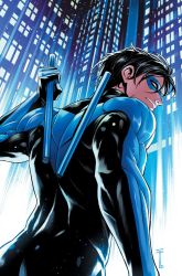  1boy back batman_(series) baton_(weapon) black_bodysuit black_hair blue_bodysuit bodysuit building city city_lights closed_mouth dc_comics dick_grayson domino_mask highres holding holding_weapon male_focus mask muscular muscular_male night nightwing outdoors sergacuna short_hair smile solo superhero_costume two-tone_bodysuit weapon  rating:General score:10 user:danbooru