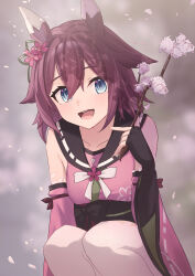  1girl animal_ears black_bow black_gloves blue_eyes blurry blurry_background blush bow breasts brown_hair commentary_request cowboy_shot detached_sleeves ear_covers elbow_gloves fingerless_gloves flower gloves hair_flower hair_ornament high-waist_skirt highres holding horse_ears horse_girl japanese_clothes long_sleeves looking_at_viewer medium_breasts obi open_mouth pink_flower pleated_skirt sakura_chiyono_o_(umamusume) sash short_hair sideboob skirt smile solo squatting umamusume white_skirt wide_sleeves yu_sakae 