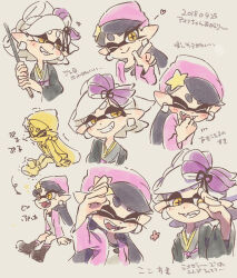  2018 2girls ^_^ arm_up beanie black_hair black_haori blush bow-shaped_hair callie_(splatoon) cardigan closed_eyes closed_mouth commentary_request cousins cross-shaped_pupils dated earrings fangs grey_hair grey_kimono grin hair_ornament haori hat heart highres holding holding_umbrella inkling japanese_clothes jewelry kimono long_hair long_sleeves marie_(splatoon) mole mole_under_eye multiple_girls multiple_views nintendo open_cardigan open_clothes pink_cardigan pink_hat pointy_ears shirt short_hair smile splatoon_(series) splatoon_2 star_(symbol) star_hair_ornament swept_bangs symbol-shaped_pupils tentacle_hair thick_eyebrows translation_request twintails ukata umbrella white_shirt wide_sleeves yellow_eyes 