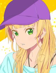  1girl baseball_cap black_straps blonde_hair blue_shirt blunt_bangs collarbone commentary_request curly_sidelocks green_eyes hat heanna_sumire highres light_blush long_hair looking_at_viewer love_live! love_live!_superstar!! parted_lips portrait purple_hat sano_keiichi shirt solo straight_hair strap two-tone_background white_background yellow_background 