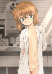  1girl absurdres blue_eyes brown_hair censored cleft_of_venus commentary_request cowboy_shot endoll flat_chest haibara_ai heart heart_censor highres indoors lab_coat loli looking_at_viewer meitantei_conan microscope naked_labcoat navel open_clothes pussy short_hair smile solo  rating:Explicit score:34 user:danbooru