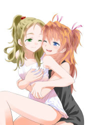 10s 2girls blonde_hair blue_eyes breasts brown_hair eyelashes grabbing grabbing_another&#039;s_breast green_eyes hair_bobbles hair_ornament half_updo houjou_hibiki hug minamino_kanade multiple_girls nightgown one_eye_closed ooshima_tomo open_mouth precure simple_background sitting sitting_on_person smile suite_precure teeth two_side_up white_background wink yuri rating:Questionable score:28 user:danbooru