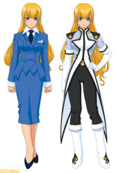  2girls belt black_pants blonde_eyebrows blonde_hair blue_eyes blue_shorts blue_skirt blue_sleeves blue_suit blue_uniform blunt_bangs boots breasts buttons closed_mouth collar collared_shirt collared_suit double-breasted dual_persona earrings elbow_gloves famitsu formal gloves hand_on_own_hip hoop_earrings jewelry light_smile long_hair long_sleeves mature_female medium_breasts multiple_girls no_socks official_art pants parted_lips ratchet_altair sakura_taisen sakura_taisen_v second-party_source sega serious shirt shorts silver_earrings silver_ring simple_background single_stripe single_vertical_stripe skirt standing striped_clothes striped_pants suit two-tone_collar vertical-striped_clothes vertical-striped_pants very_long_hair watermark wavy_ends white_background white_collar white_footwear white_gloves white_sleeves 