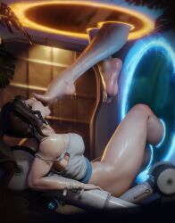  1girl 3d bare_legs barefoot bottomless breasts chell cleavage feet foot_focus foot_worship highres large_breasts licking_foot licking_own_foot medium_breasts pear_force_one ponytail portal_(object) portal_(series) solo strap_slip sweat tank_top thighs thinking_with_portals wet wrist_wrap 