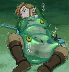  1boy abs anal blonde_hair blue_eyes boots chuchu_(zelda) dissolving_clothes earrings forced grass hat interspecies jewelry link lying male_focus male_penetrated monster monster_on_male muscular nintendo nipples on_back open_mouth oral outdoors penis pointy_ears rape shiwashiwa_no_kinchakubukuru slime_(creature) slime_on_male solo spread_legs sword tears testicles the_legend_of_zelda the_legend_of_zelda:_skyward_sword torn_clothes vore weapon  rating:Explicit score:310 user:gandalf359