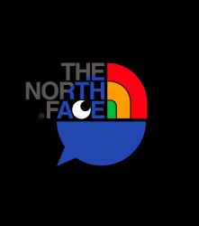  black_background commentary commentary_request english_commentary logo_parody mixed-language_commentary nijisanji no_humans panasonynet rainbow simple_background the_north_face 