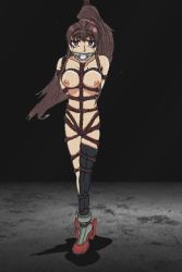  1girl arms_behind_back bdsm blurry blurry_background bondage bound brown_hair cloth_gag crotch_rope crying crying_with_eyes_open dark full_body gag high_ponytail highres improvised_gag kantai_collection long_hair looking_at_viewer nipples rudder_footwear shibari single_thighhigh solo standing tagme tears thighhighs yamato_(kancolle)  rating:Explicit score:3 user:kadajsalamander