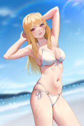  1girl :d absurdres armpits arms_up beach bikini blonde_hair blurry blurry_background breasts evan_(pixiv7510743) highres hoshino_ruby large_breasts looking_at_viewer navel ocean one_side_up open_mouth oshi_no_ko outdoors pink_eyes side-tie_bikini_bottom smile star-shaped_pupils star_(symbol) sunlight swimsuit symbol-shaped_pupils wet white_bikini 