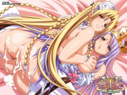 2girls ass bdsm bed blonde_hair blush bondage bound grabbing_another&#039;s_breast breasts brown_eyes clenched_teeth crown cum cum_in_pussy fujii_kazuha grabbing highres iria_(ryouki) long_hair looking_back multiple_girls nude official_art princess retishia_(ryouki) ryouki teeth rating:Explicit score:69 user:Rococo