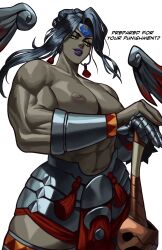  1girl absurdres breasts dark-skinned_female dark_skin earrings female_focus gauntlets hades_(series) hades_2 highres jewelry lipstick long_hair looking_at_viewer makeup medium_breasts muscular muscular_female nail_polish nemesis_(hades) single_gauntlet solo sotcho text_focus topless weapon yellow_eyes  rating:Questionable score:22 user:catonfire26