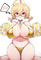  10eki_(tenchou) 1girl :o absurdres alternate_breast_size alternate_costume bikini black-framed_eyewear blue_archive blush breasts commentary_request detached_collar glasses gold_bikini hair_between_eyes halo highres holding holding_pom_poms huge_breasts kotori_(blue_archive) navel pom_pom_(cheerleading) pom_poms red_eyes short_twintails sideboob simple_background sitting solo spoken_blush stomach swimsuit thighs twintails underboob white_background 