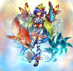 1girl blue_hair blue_thighhighs detached_sleeves dress elbow_gloves fingerless_gloves fish full_body fur_trim gloves green_gloves hair_ornament hat highres long_hair long_sleeves looking_at_viewer mahou_shoujo_taisen_contest_2 melon22 multicolored_clothes multicolored_dress original pink_skirt red_eyes skirt smile solo staff striped_clothes striped_thighhighs thighhighs white_thighhighs wide_sleeves zettai_ryouiki