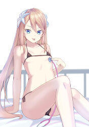  1girl bikini black_bikini blue_eyes breasts commission dorai female_focus flower hair_between_eyes hair_flower hair_ornament highres long_hair looking_at_viewer marta_lualdi micro_bikini side-tie_bikini_bottom small_breasts solo stethoscope swimsuit tales_of_(series) tales_of_symphonia tales_of_symphonia:_dawn_of_the_new_world tongue tongue_out very_long_hair white_flower  rating:Questionable score:14 user:Super-32X