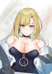  1girl absurdres black_choker black_dress blonde_hair breasts choker cleavage closed_mouth commentary_request covered_navel dress eyebrows_hidden_by_hair gloves grey_gloves hair_between_eyes highres holding holding_quill jacket jacket_partially_removed large_breasts long_hair looking_down lorraine_vivie nozomanu_fushi_no_boukensha quill shiropandesu simple_background smile solo strapless strapless_dress upper_body white_jacket yellow_eyes 