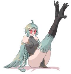  1girl absurdres ahoge angry bare_shoulders bird_legs black_dress blue_feathers blue_hair blue_wings borrowed_character breasts china_dress chinese_clothes commentary crossed_ankles dress ev_v1l feathered_wings feathers glasses highres legs_up long_hair looking_at_viewer original pelvic_curtain red-tinted_eyewear red_eyes round_eyewear sitting sleeveless sleeveless_dress small_breasts solo talons tinted_eyewear very_long_hair winged_arms wings 