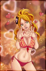  1girl bikini blonde_hair bracelet breasts cleavage earrings fairy_tail flower green_eyes heart highres jenny_realight jewelry large_breasts long_hair red_bikini solo swimsuit tongue tongue_out  rating:Questionable score:17 user:pie4ever0