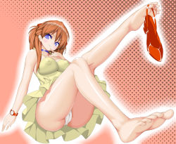 1girl arupachimono ass bad_id bad_pixiv_id bare_arms bare_legs bare_shoulders barefoot between_toes blue_eyes breasts brown_hair cameltoe choker cleavage collarbone covered_erect_nipples curvy dress feet finger_to_mouth foot_focus holding_with_feet hair_ornament halftone halftone_background highres huge_ass impossible_clothes large_breasts long_hair long_legs looking_at_viewer neon_genesis_evangelion panties pantyshot shiny_skin shoe_dangle sitting skirt smirk soles solo souryuu_asuka_langley sundress thong toe-point toes two_side_up underwear upskirt very_long_hair watch white_panties wide_hips wristwatch yellow_dress yellow_skirt rating:Questionable score:135 user:danbooru