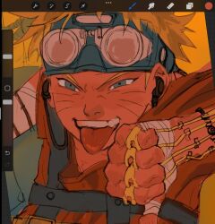  1boy art_program_in_frame blonde_hair blue_eyes earbuds earphones facial_mark fang goggles goggles_on_head half-closed_eyes highres male_focus naruto naruto_(series) smile solo thumbs_down tongue tongue_out upper_body uzumaki_naruto veron_1411 whisker_markings 