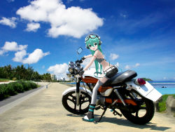  1girl 3d beach blush boots cloud day fingerless_gloves gloves goggles goggles_on_head hatsune_miku headphones highres looking_at_viewer looking_back mikumikudance_(medium) motor_vehicle motorcycle open_mouth outdoors palm_tree shorts sky smile solo suspenders thighhighs tree vehicle vocaloid yunagi_(ektyr_y) 